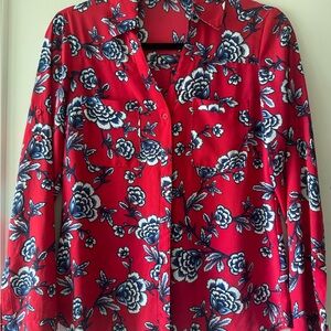 Express Red and Blue Long Sleeve Blouse with Notched Collar